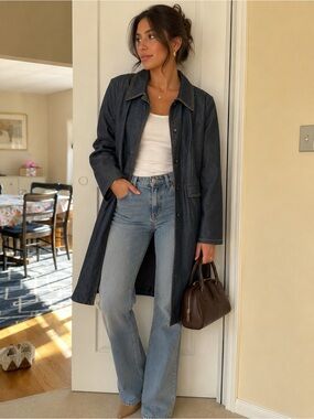Tahari Dark Denim Long Coat - Classic Dark Blue Trench